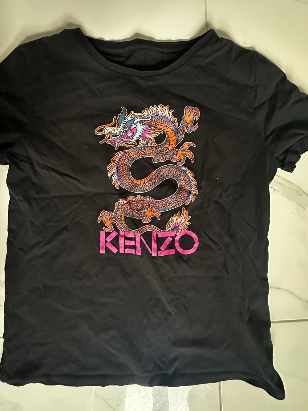 Kenzo Black Tee with Multicolor Dragon and Pink Logo